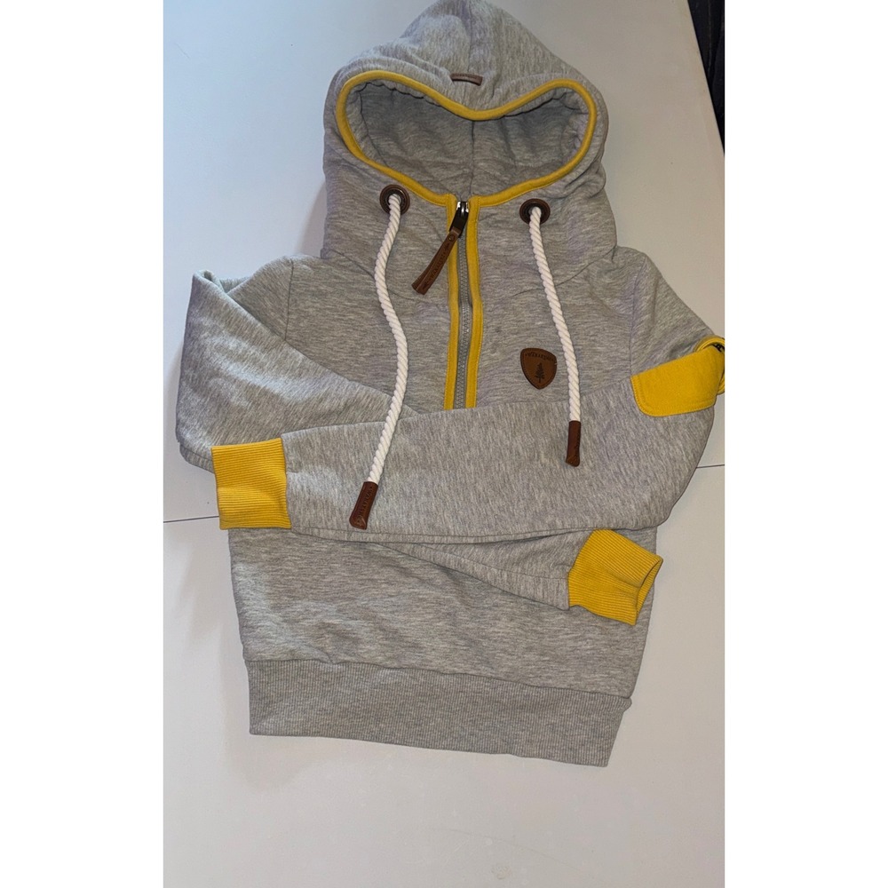 Wanakome Hoodie Womens XS Grey Yellow Quarter Zip High Neck Rope Drawstring